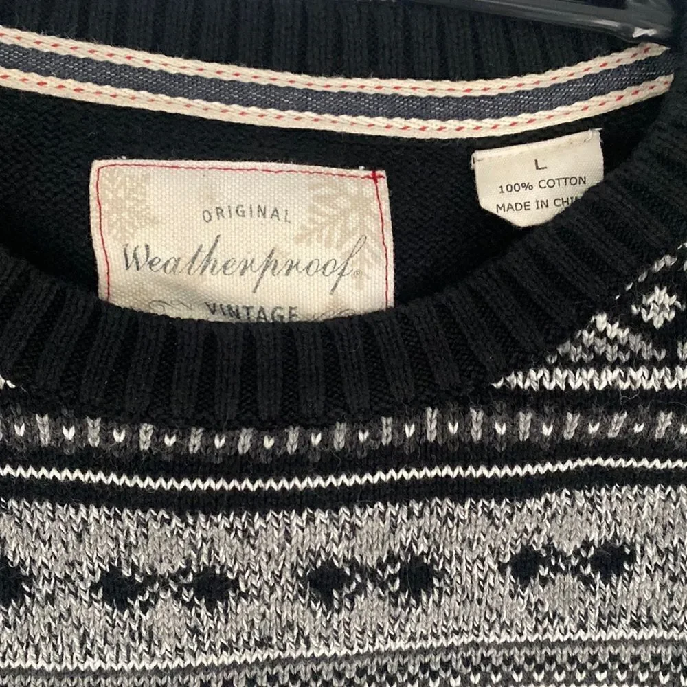 Weatherproof Vintage Men's Fair Isle Holiday Black Gray Cotton Sweater Large